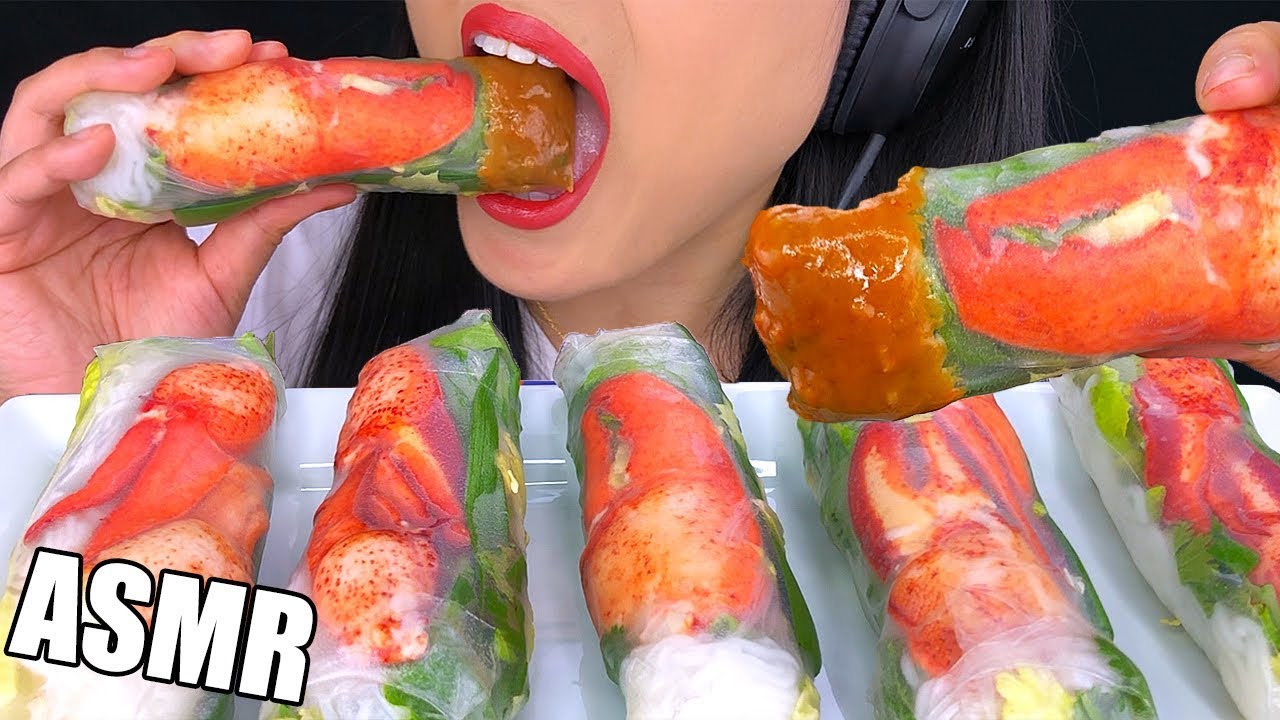 ASMR LOBSTER CLAW SPRING ROLLS *RECIPE* (BIG BITES) Eating Sounds No Talking | ASMR Phan