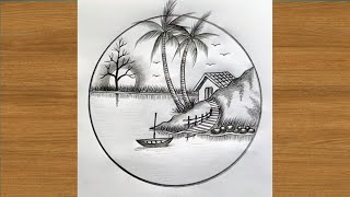 Amazing Circle Scenery Drawing with Pencil | Easy Village Landscape Art Tutorial