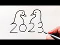 How to draw peacock from number 2023  easy peacock drawing  number drawing