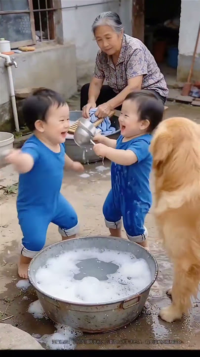 Grandma’s washing basin is a “foam playground” for the little ones 🧼