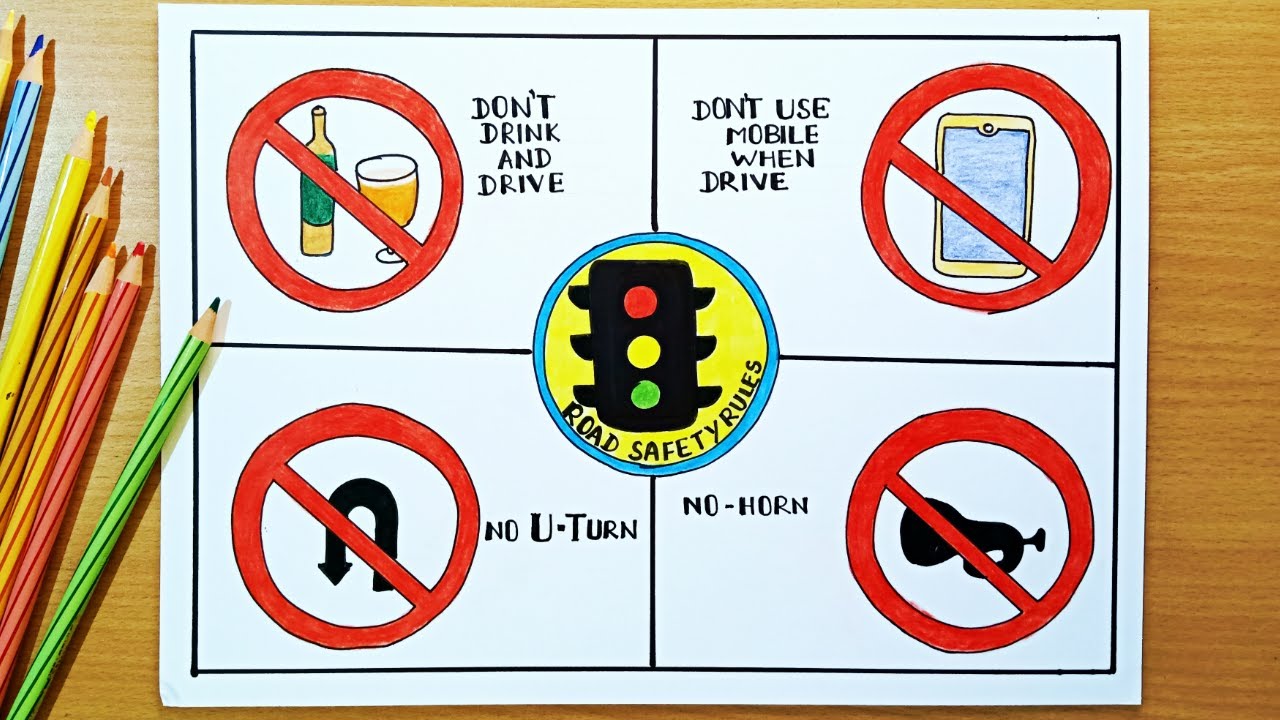 Road safety drawing / Road safety poster for school / School drawing with road  safety easy - YouTube