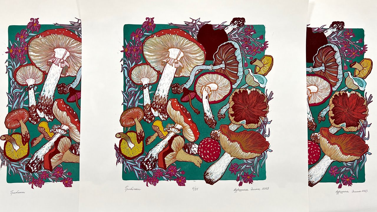 PRINTING PROCESS, Reduction linocut “Mushrooms” #printmaking