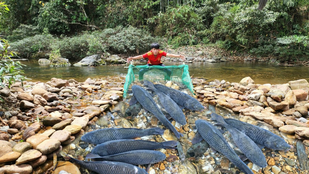 Full video of 55 days of boy Lam making fish traps in a big stream. And ...