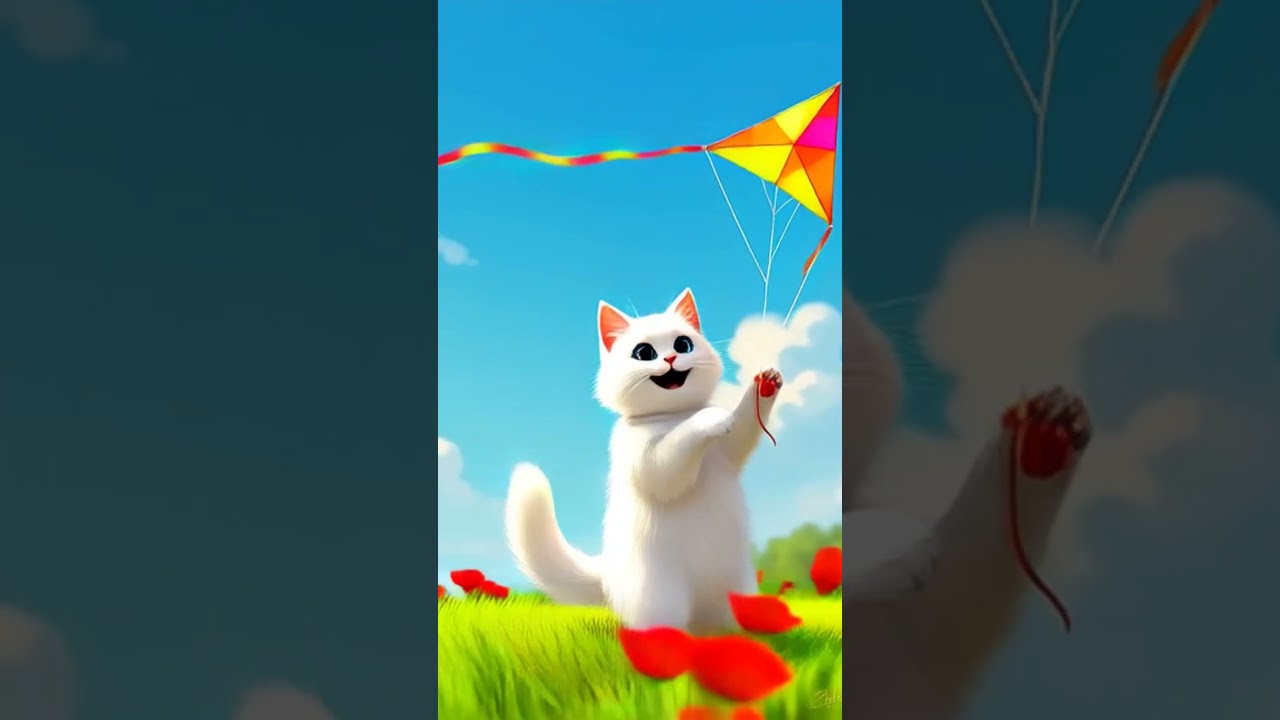 cute white cat flying kit and dancing 