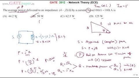 GATE 2012 ECE Average power delivered to an impedance 4 - j3 ohms by a current source