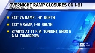 Overnight closures for I-91 ramps in Chicopee and Springfield