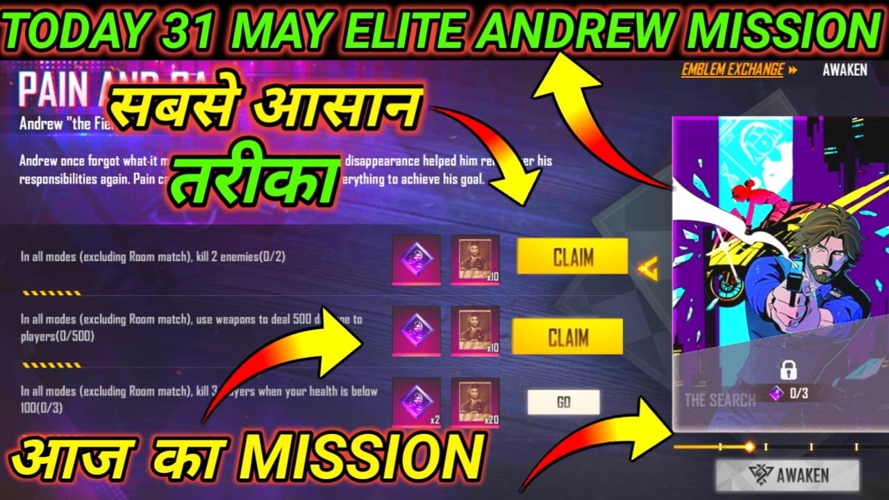 How To Complete 31 May Awakening Andrew Mission Full Details |  Free fire  elite Andrew complete