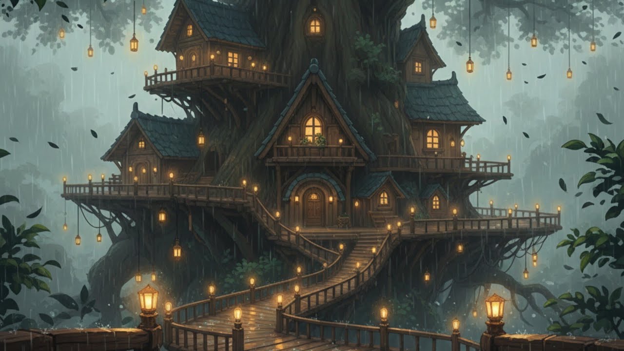 Cozy Rainy Stormy Night in a Giant Treehouse | Birthday celebration |🌿🌳⚡🎂🍰
