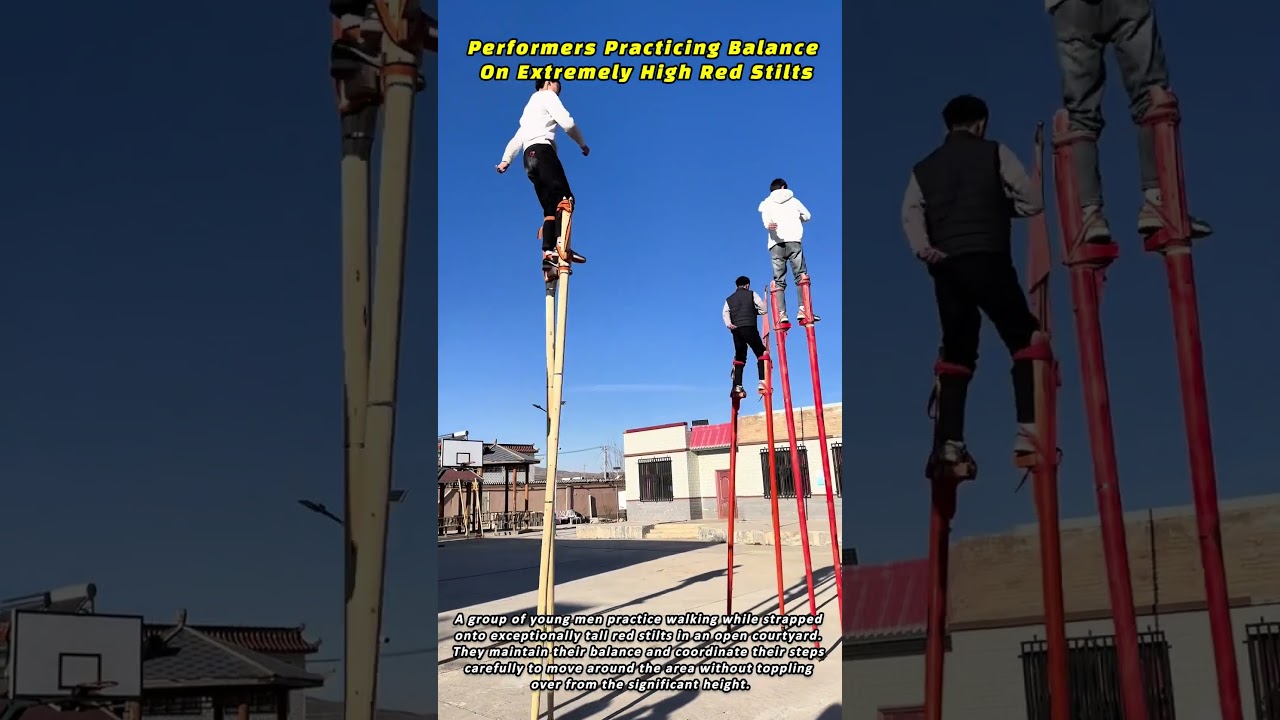Performers Practicing Balance On Extremely High Red Stilts