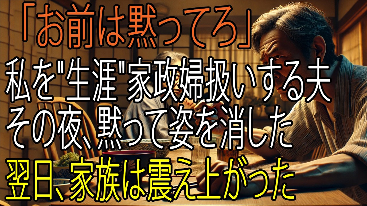 「お前は黙ってろ。お前に発言なんてないんだ」——夕食の席で、35年間家族のために尽くしてきた私が、ほんの一言意見を言おうとしただけで、夫から浴びせられた言葉です。子供たちも父親に同調して笑う。62歳の私は、その瞬間、自分の存在価値が完全に否定されたのを感じました。私はかつて年収600万円を稼ぐキャリアウーマンでした。でも、夫の「家庭に入って欲しい」という言葉を信じて、全てを捨てた。その結果が...