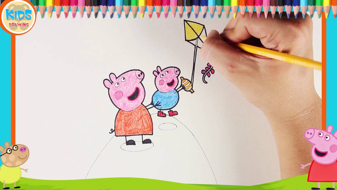 How to draw Father and Son Peppa Pig flying kite - Step by step video lesson