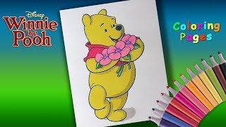 Disney Winnie Pooh Coloring Book  Winnie with Bouquet of flowers Coloring Pages for Kids