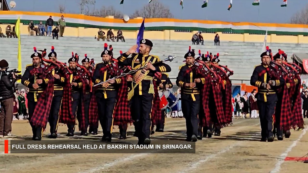 Ahead of Republic Day celebrations, full dress rehearsal held at Bakshi Stadium in Srinagar.