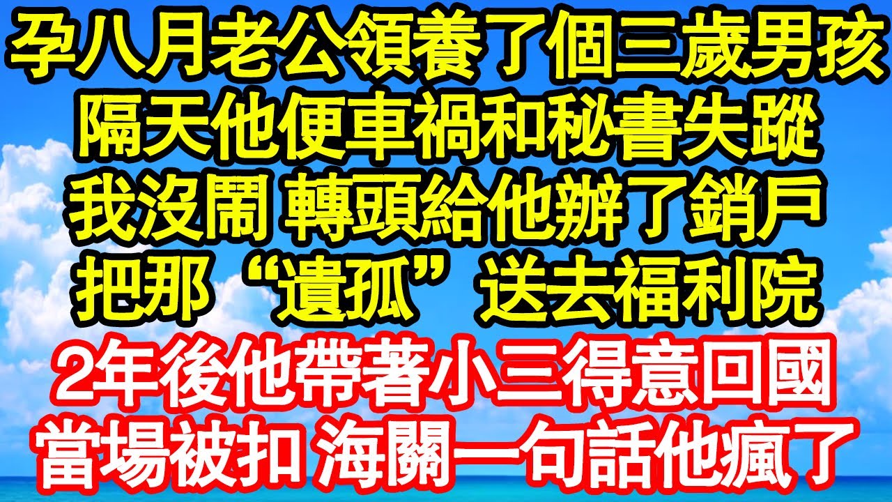 孕八月老公領養了個三歲男孩，隔天他便車禍和秘書失蹤，我沒鬧 轉頭給他辦了銷戶，把那“遺孤”送去福利院，2年後他帶著小三得意回國，當場被扣 海關一句話他瘋了真情故事會|老年故事|情感需求|養老|家庭