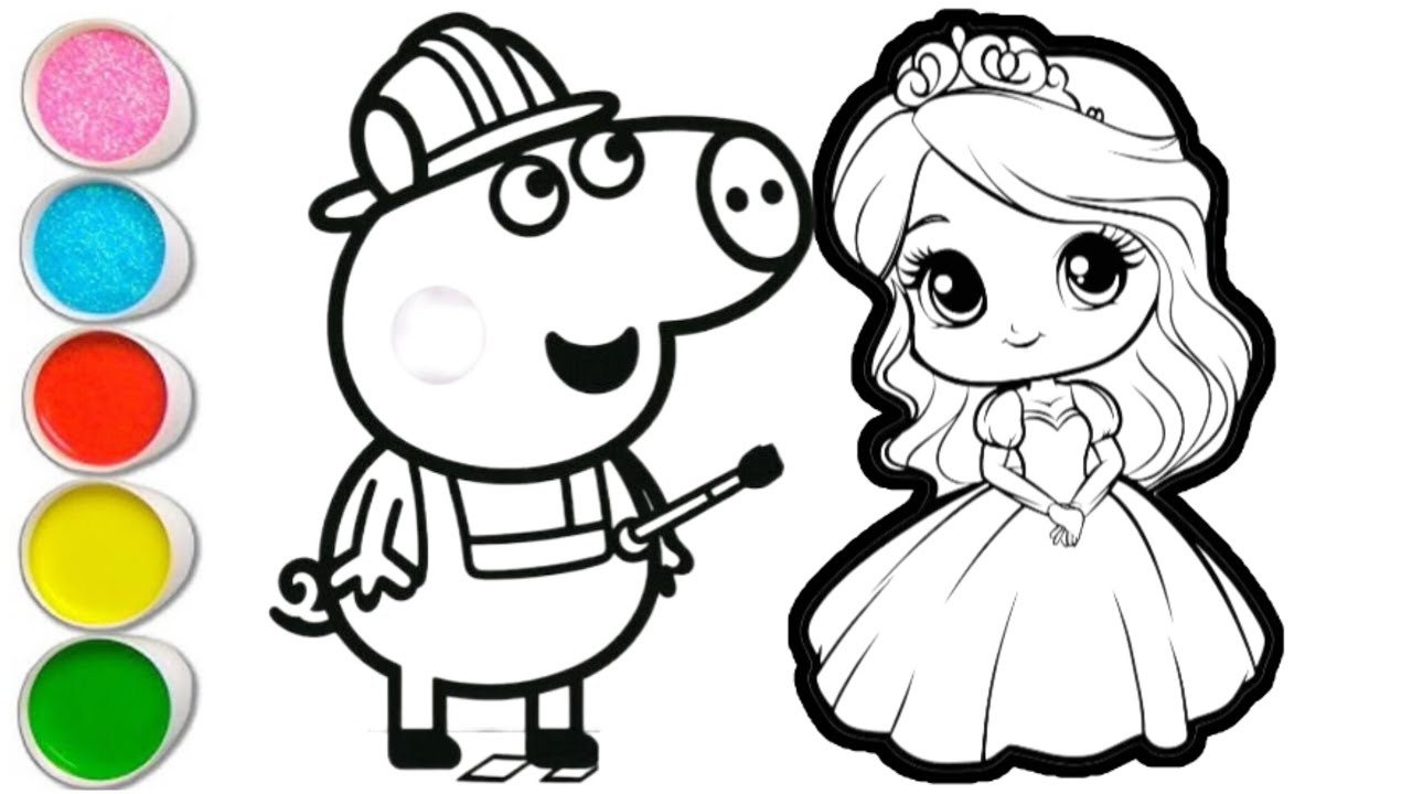 Drawing Princess Papi Peppa pig with princess drawing and coloring for kids and toddlers ...