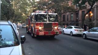 NEW FDNY KME ENGINE 220 CRUISING BY ON UNION ST. IN PARK SLOPE AREA OF BROOKLYN IN NEW YORK CITY.