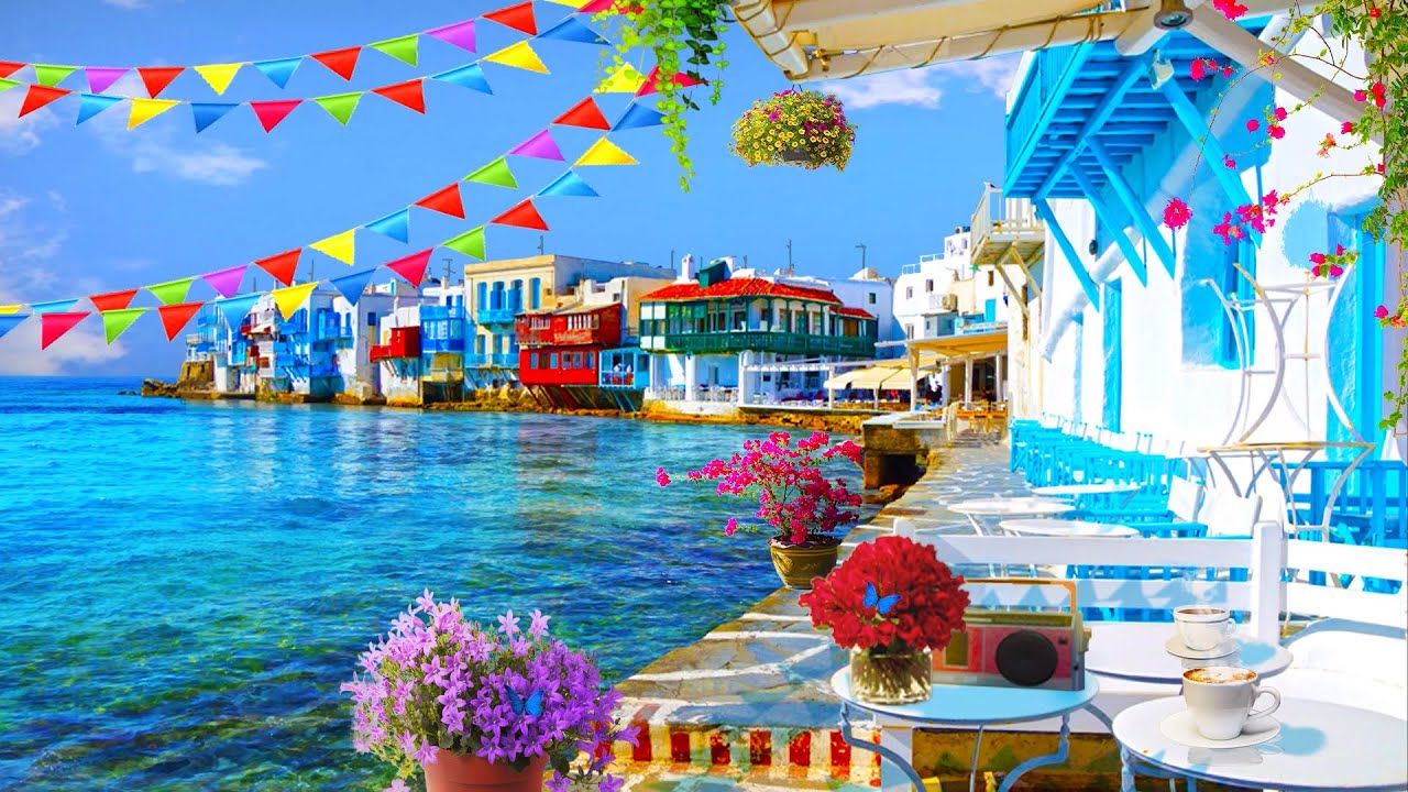 Morning Greece Cafe Ambience ♫ Coffee Shop Music & Romantic Bossa Nova, Street Ambience