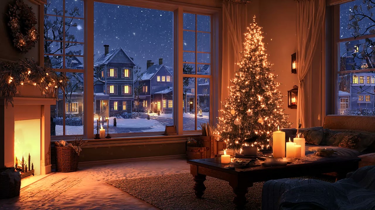 Winter Night Fireplace Ambience | Soft Piano Music and Snowfall for Quiet Sleep