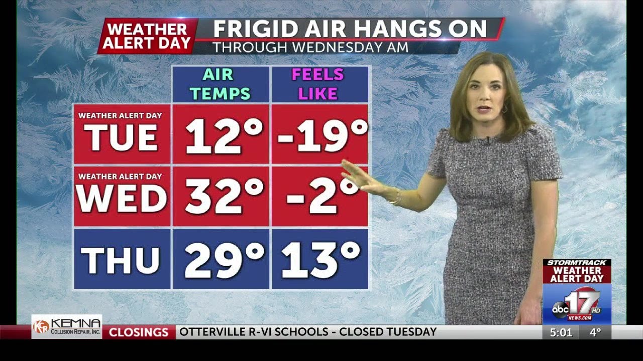 Snow showers fall Monday with bitter cold Tuesday morning - YouTube