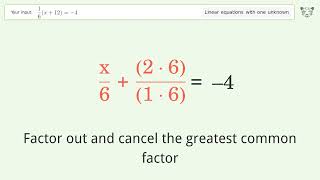 Linear equation with one unknown: Solve 1/6(x+12)=-4 step-by-step solution