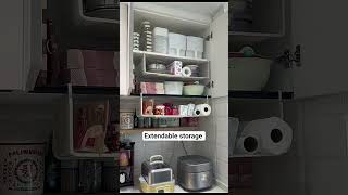 This extendable storage rack can double your cabinet space. #storagerack #spacesaver