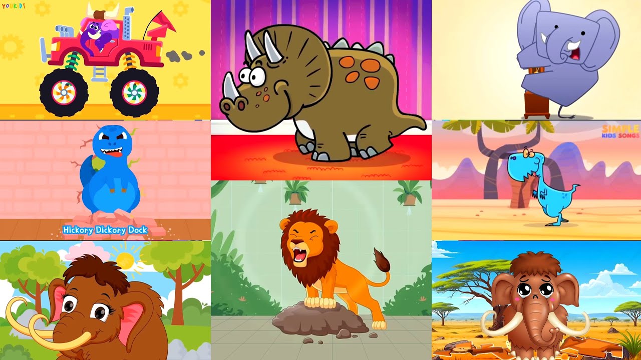 HICKORY DICKORY DOCK || TRICERATOPS VS. LION || 2 ELEPHANT, 2 DINO & 2 MAMMOTH || EFFECT TUTORIAL