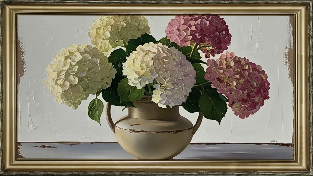 FRAMED TV ART SUMMER SCREENSAVER BACKGROUND FRAMED HYDRANGEA FLORAL PAINTING NO SOUND WALLPAPER 4K