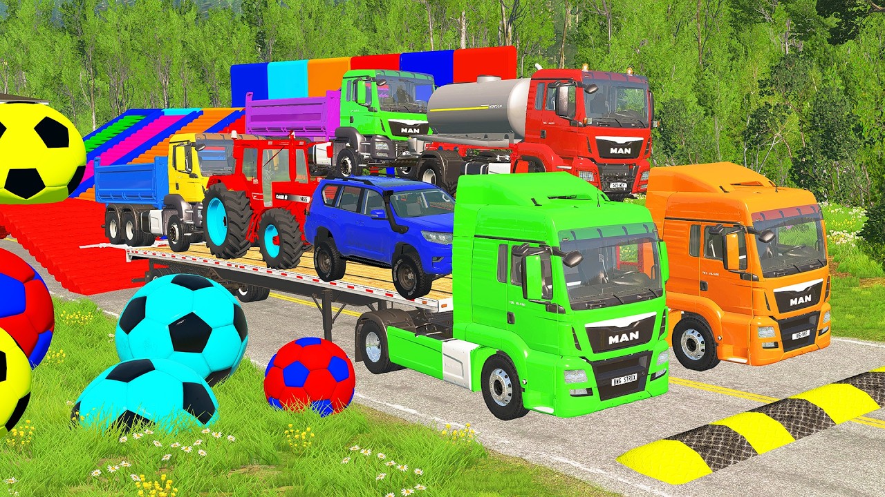 Double Flatbed Trailer Truck vs Speedbumps Train vs Cars | Tractor vs Train Beamng.Drive #