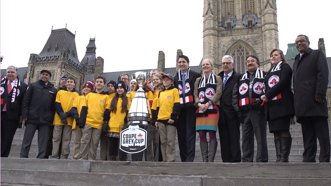 Prime Minister Trudeau attends the official arrival of the Grey Cup on Parliament Hill