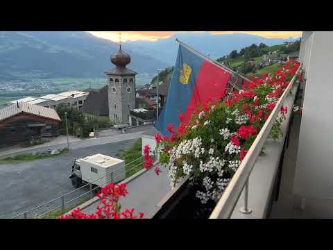 The incredible view from Hotel Oberland in Triesenberg, Liechtenstein, at sunset