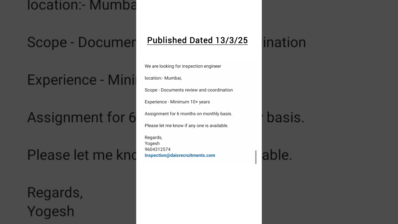 Inspection Engineer Job Opportunity in Mumbai | 10+ Years Experience Required