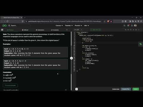 Reverse First K Elements of a Queue | GeeksforGeeks GFG Solution in C++ | Queue | DSA