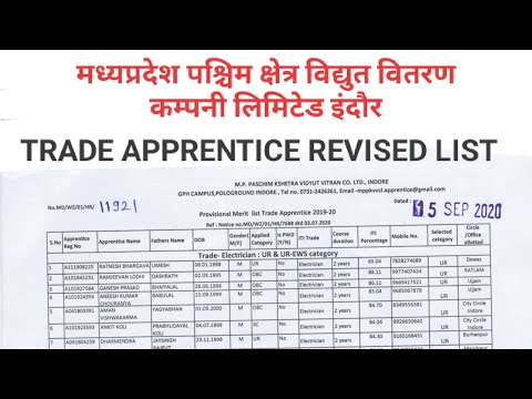 MPPKVVCL INDORE Apprentice  Revised Result Declared ll Download selected candidate list