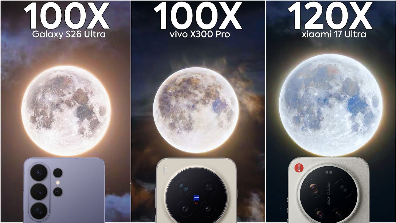 Сравнение характеристик Samsung S26 Ultra, Vivo X300 Pro и Xiaomi 17 Ultra в режиме Live Zoom.