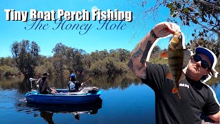TINY BOAT perch fishing at THE HONEY HOLE