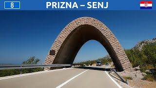 Driving in Croatia. Road by the Adrian sea from Prizna to Senj. 4K