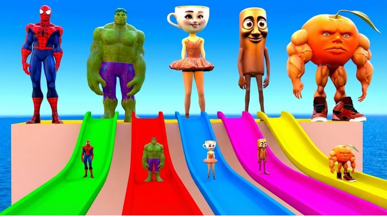 playing as spiderman, long slide game, funny 3d animal game, spiderman animal race, crazy animal sli