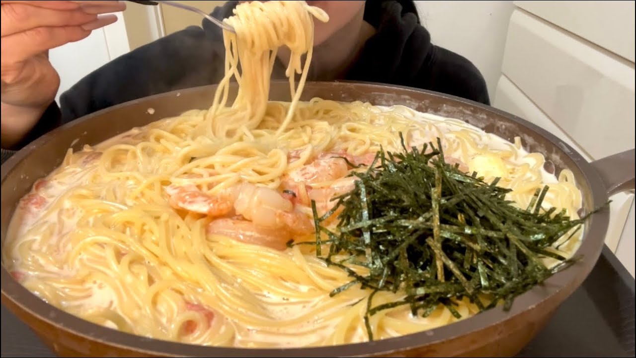 【ASMR，咀嚼音】Spaghetti with Spicy Cod Roe Cream！明太子クリームパスタ！