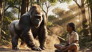 Colossal gorilla and young boy face to face in misty forest, god rays through trees, emotional