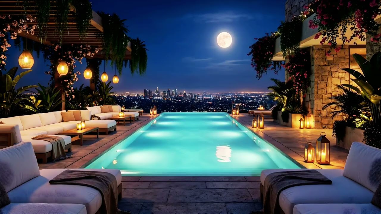 "Chillout Lounge Music" | "Luxury Rooftop Pool Night" | "Moonlit City Ambience" | 4K