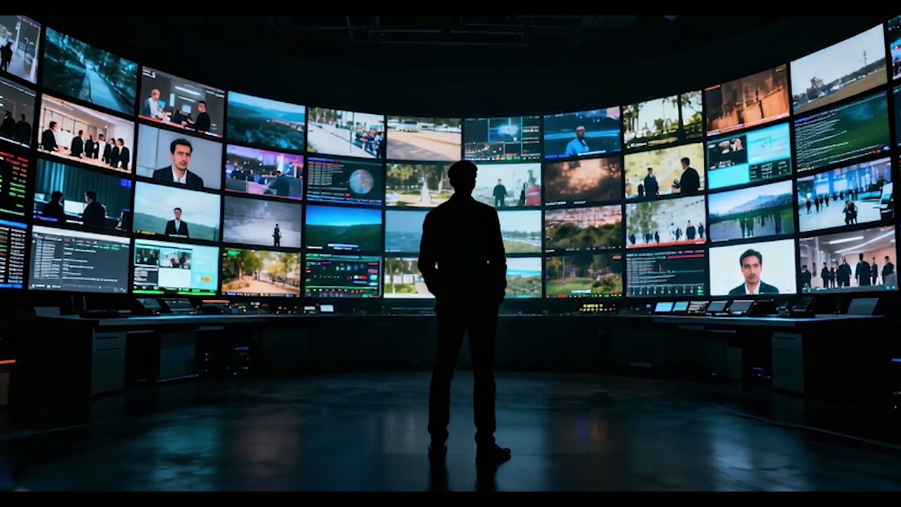 Control Room Operator Monitoring Multiple Screens in Futuristic Video Surveillance Center