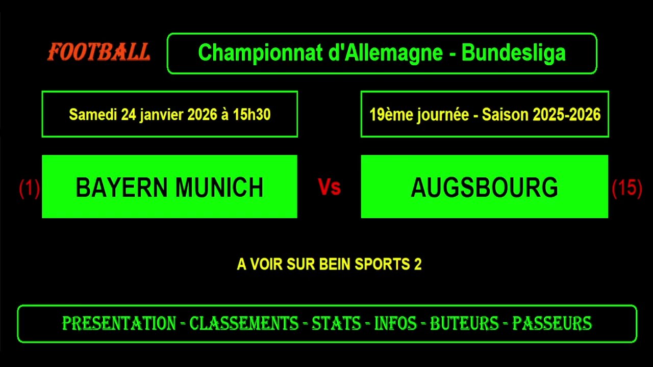 BAYERN MUNICH - AUGSBOURG : 19ème journée Bundesliga - Football saison 2025/2026