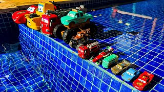 Disney Pixar Cars falling into deep pool, Lightning McQueen, Tow Mater, Mack, Sally, Francesco