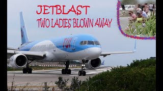 Skiathos Airport, 2 Ladies Blown Away by Extreme JetBlast