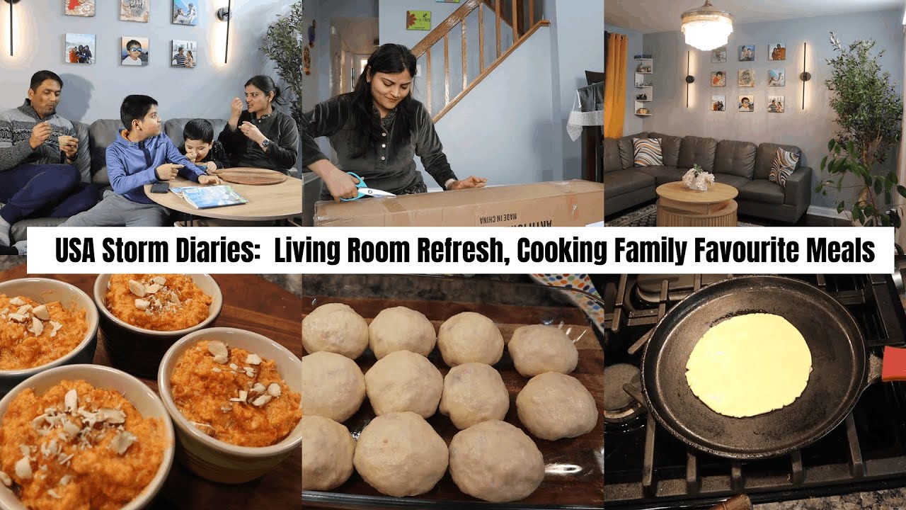 Warm & Cozy Homemaking: Living Room Refresh + Saag & Gajar Halwa on a Stormy USA Day,Real Homemaking