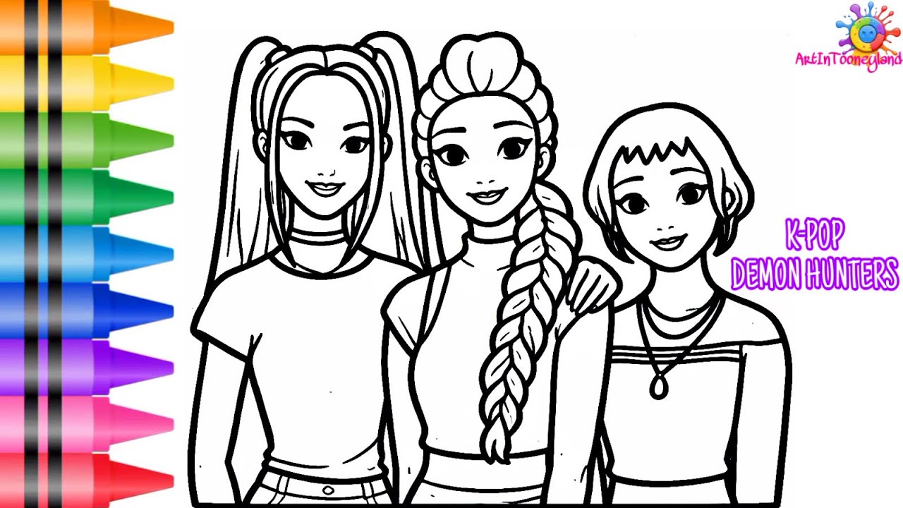 Draw and Color Rumi, Mira and Zoey from HUNTRIX K POP Demon Hunters 👩‍🎤🎤✨😈👹🗡️🌈 Drawings For Kids