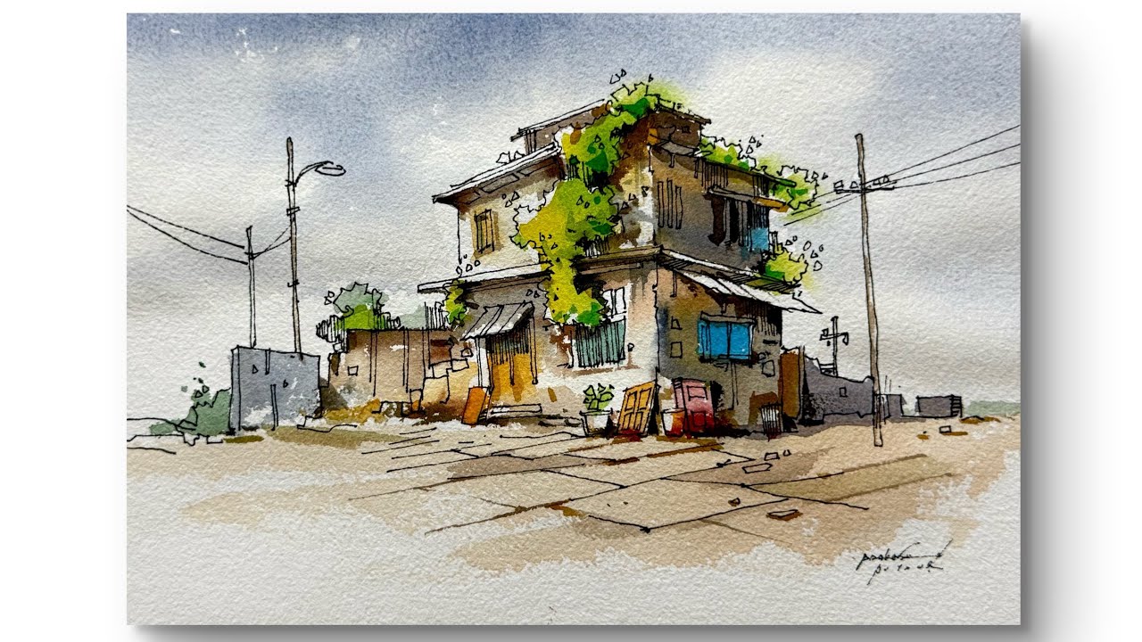 line and wash |  Pen with watercolour | demo by prakashanputhur
