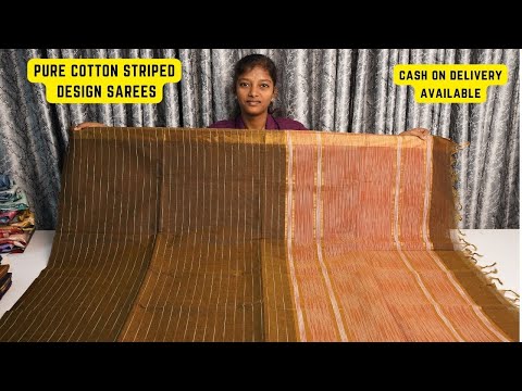 Budget Friendly Pure Cotton Striped Design Sarees, Cash On Delivery Available