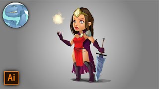 Girl with a sword. Vector drawing with Adobe Illustrator. Drawing process.