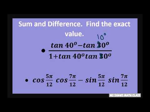 Find exact value for (tan 40 - tan 10)/(1 tan 40 tan 10). Sum and Difference Formula